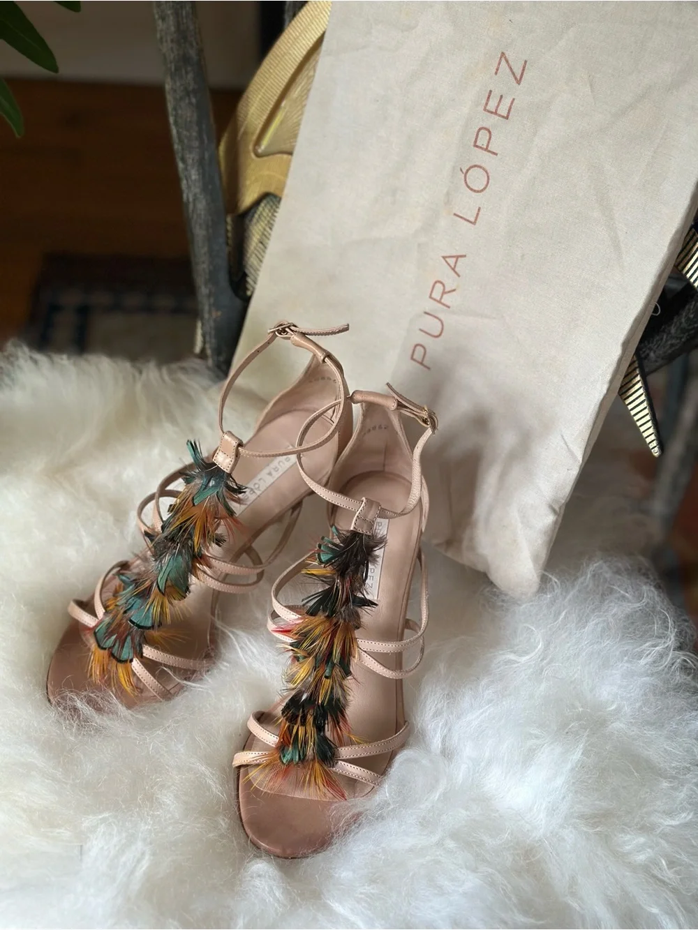 Pura Lopez Nude Strappy Sandals with Multicolor Eye-catching Feather Trim